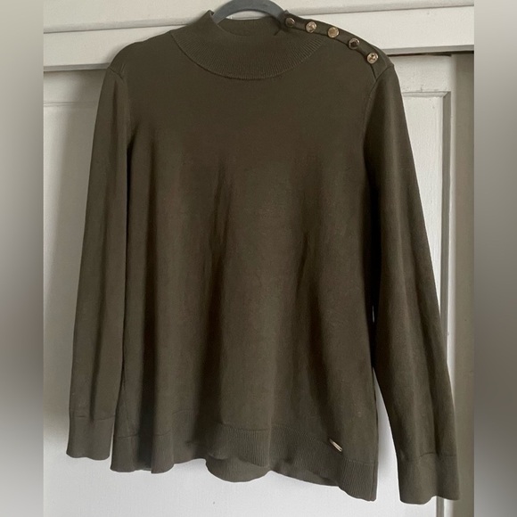 Calvin Klein Olive Green Mock Neck Sweater With Gold Tone Buttons. Pre-Owned. - Picture 1 of 6